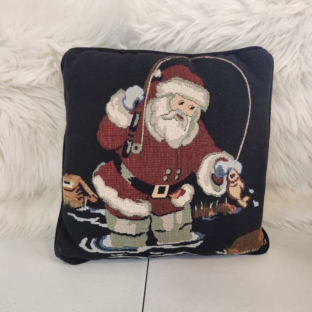 Vintage Tapestry Pillow Square Fishing Santa Claus Christmas Decor 1990s Fish